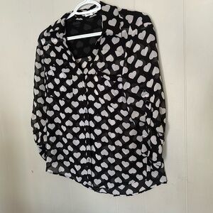 Express Portofino Shirt Black White Heart Print Button Up Blouse Size Small